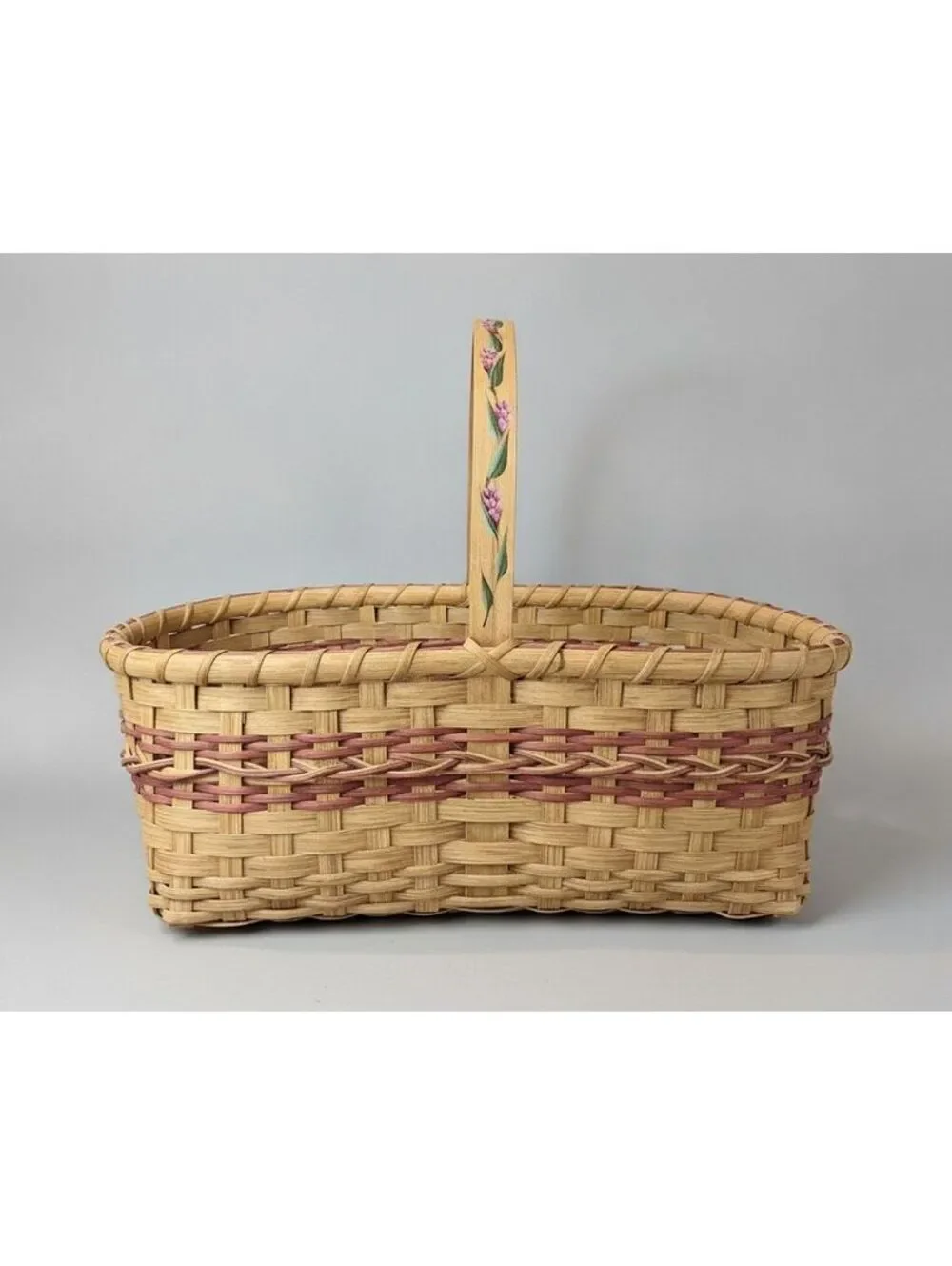 Vintage Handmade Hand-Painted Woven Splint Basket w/ Mauve Accent Weave 11